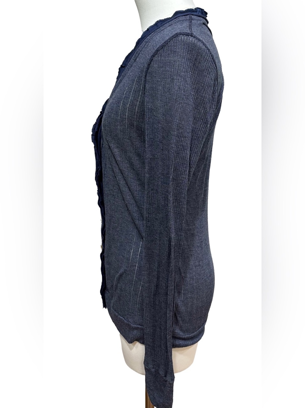 SPLENDID Navy Ribbed/Pointelle lacey Button-Front Cardigan, ribbon ruffle vneck - Picture 3 of 16